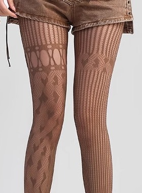 薄款镂空复古爱心蕾丝渔网袜性感紫色美式ab款连裤袜jk黑丝袜夏季