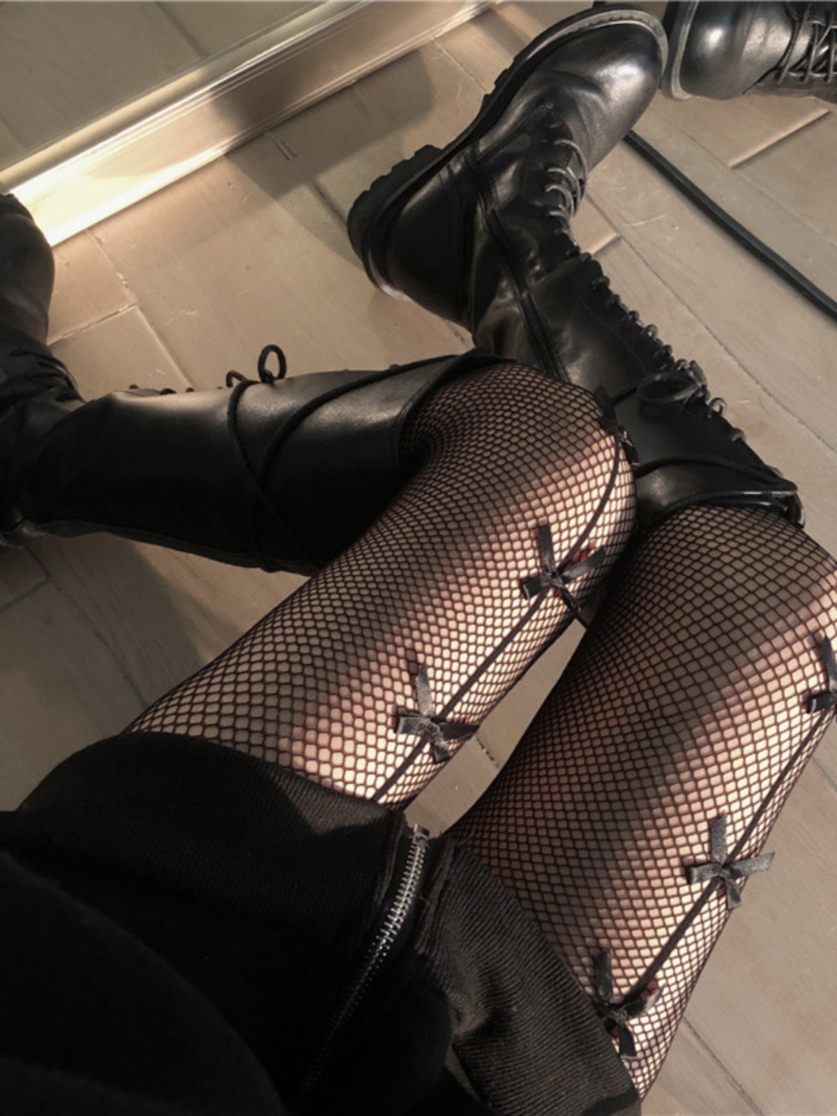 纯小陌 黑丝蝴蝶结黑白镂空渔网袜日系纯欲美腿性感连裤丝袜蕾丝