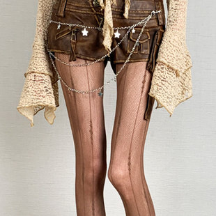 小众连裤 提臀个性 袜 薄款 性感黑丝西部牛仔风棕色菱格渔网袜女秋季