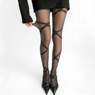 性感黑色银葱丝袜女薄款 袜辣妹珠光黑丝打底袜 绑带花纹闪亮连裤