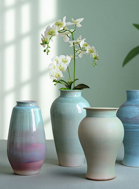 复古怀旧景德镇手工粗陶绿色花瓶水养鲜花花器民宿摆件陶罐精致