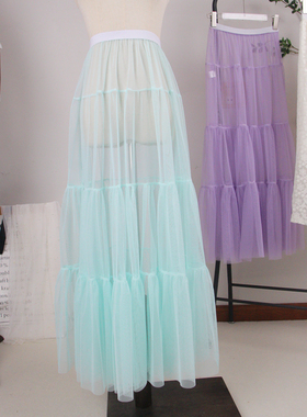 自制网纱半身裙外搭罩裙透视单层裙四季die穿大摆纱裙 衬裙A字裙
