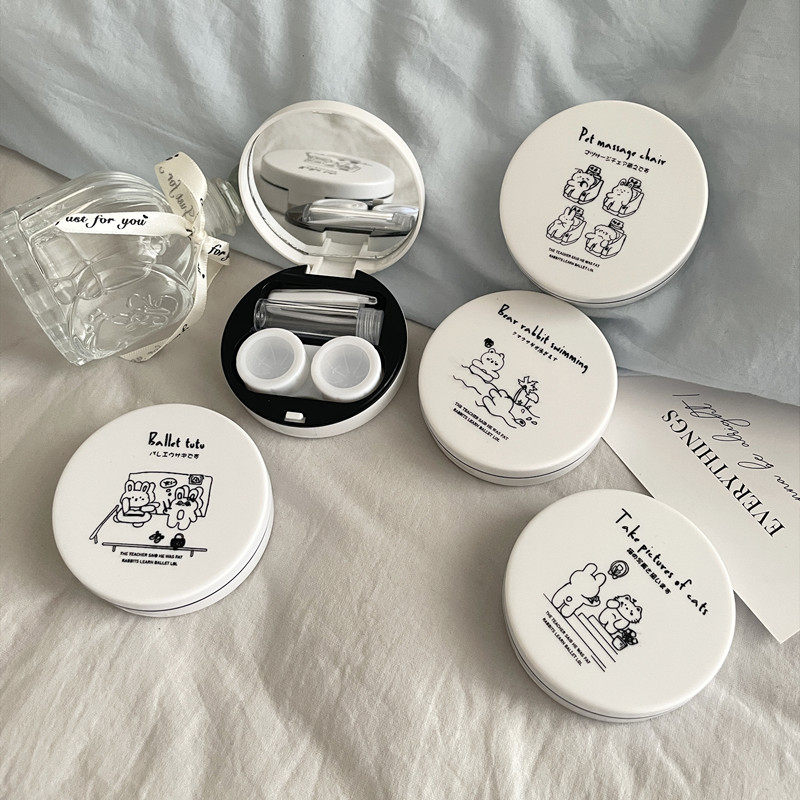 日韩可爱简笔画美瞳盒便携隐形眼镜盒护理盒带镜子伴侣盒as525