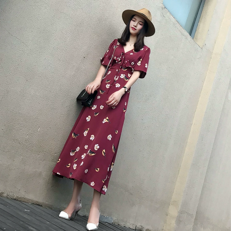 Đầm cổ chữ V 2018 hè của phụ nữ đầm voan mới là váy gió mỏng màu đỏ thần tiên - Váy eo cao 	váy liền nhún eo	