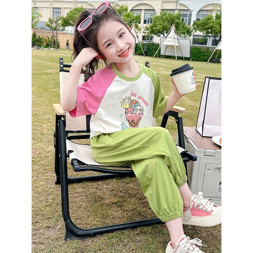 Летняя футболка, тонкий комплект, детская летняя одежда для девочек для отдыха, в западном стиле, короткий рукав, в корейском стиле, детская одежда