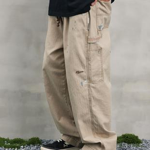 PAXOM 复古水洗做旧工装伐木裤泼墨画家裤宽松直筒休闲潮流长裤男