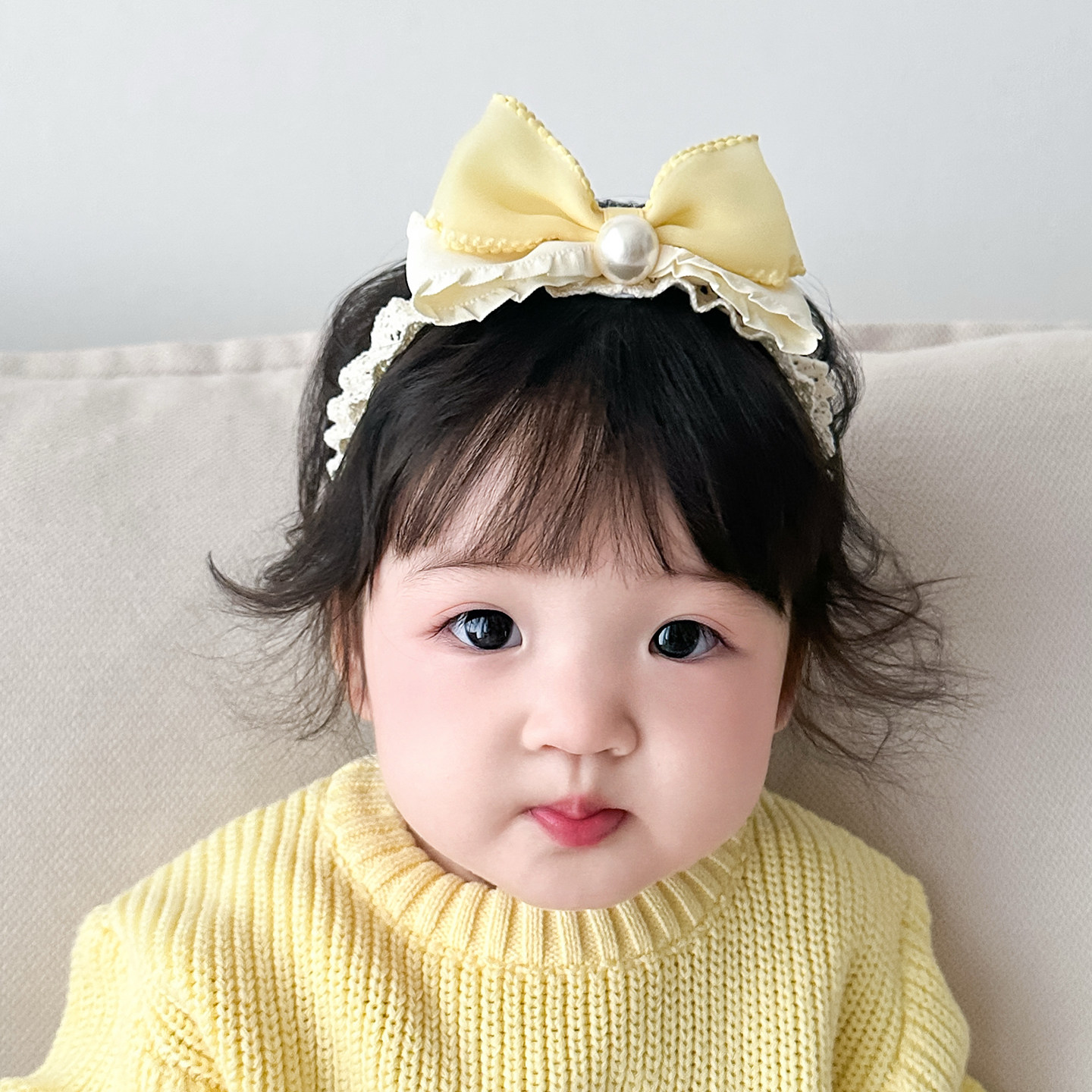 韩版婴儿发带黄色立体蝴蝶结可爱公主大弹力宝宝发饰百搭淑女头饰