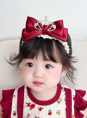 婴儿发带红色皇冠立体蝴蝶结过年百天周岁女宝宝发饰满月生日头饰