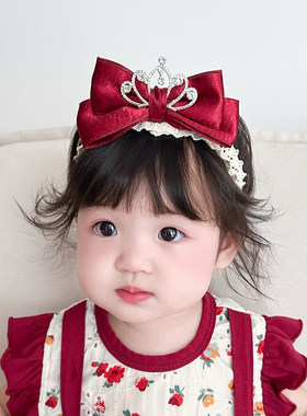 婴儿发带红色皇冠立体蝴蝶结过年百天周岁女宝宝发饰满月生日头饰