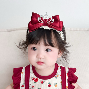婴儿发带红色皇冠立体蝴蝶结过年百天周岁女宝宝发饰满月生日头饰