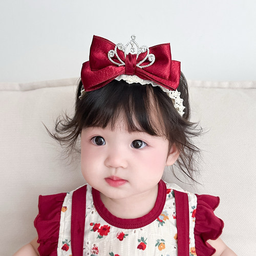 婴儿发带红色皇冠立体蝴蝶结过年百天周岁女宝宝发饰满月生日头饰
