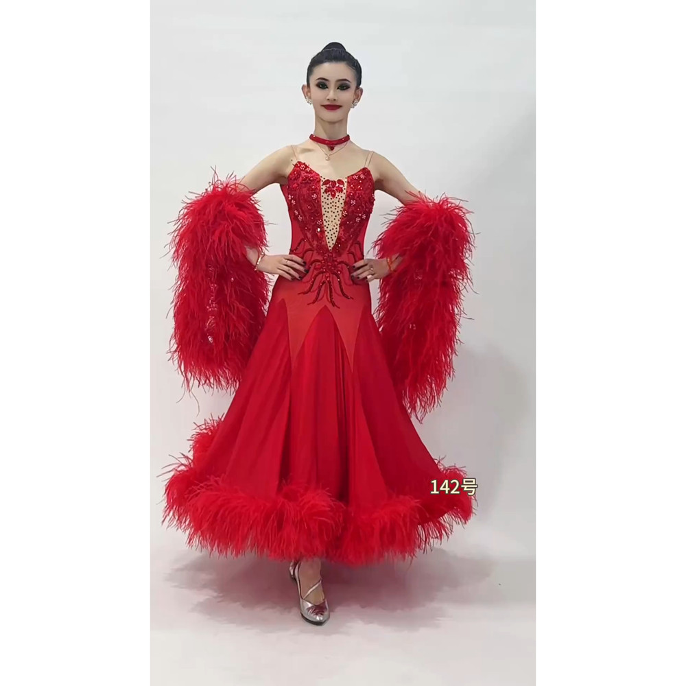 懒猫onue高端定制【MM142】摩登舞赛服 红色贴钻毛毛国标舞连衣裙