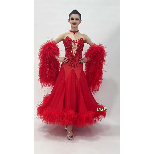 懒猫onue高端定制【MM142】摩登舞赛服 红色贴钻毛毛国标舞连衣裙