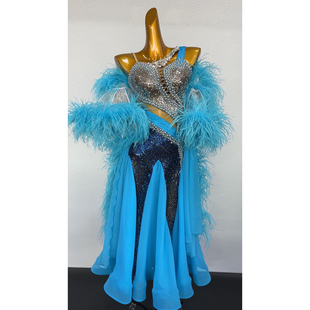 懒猫onue高端定制摩登舞赛服 重工贴钻毛毛专业国标舞裙 MM420