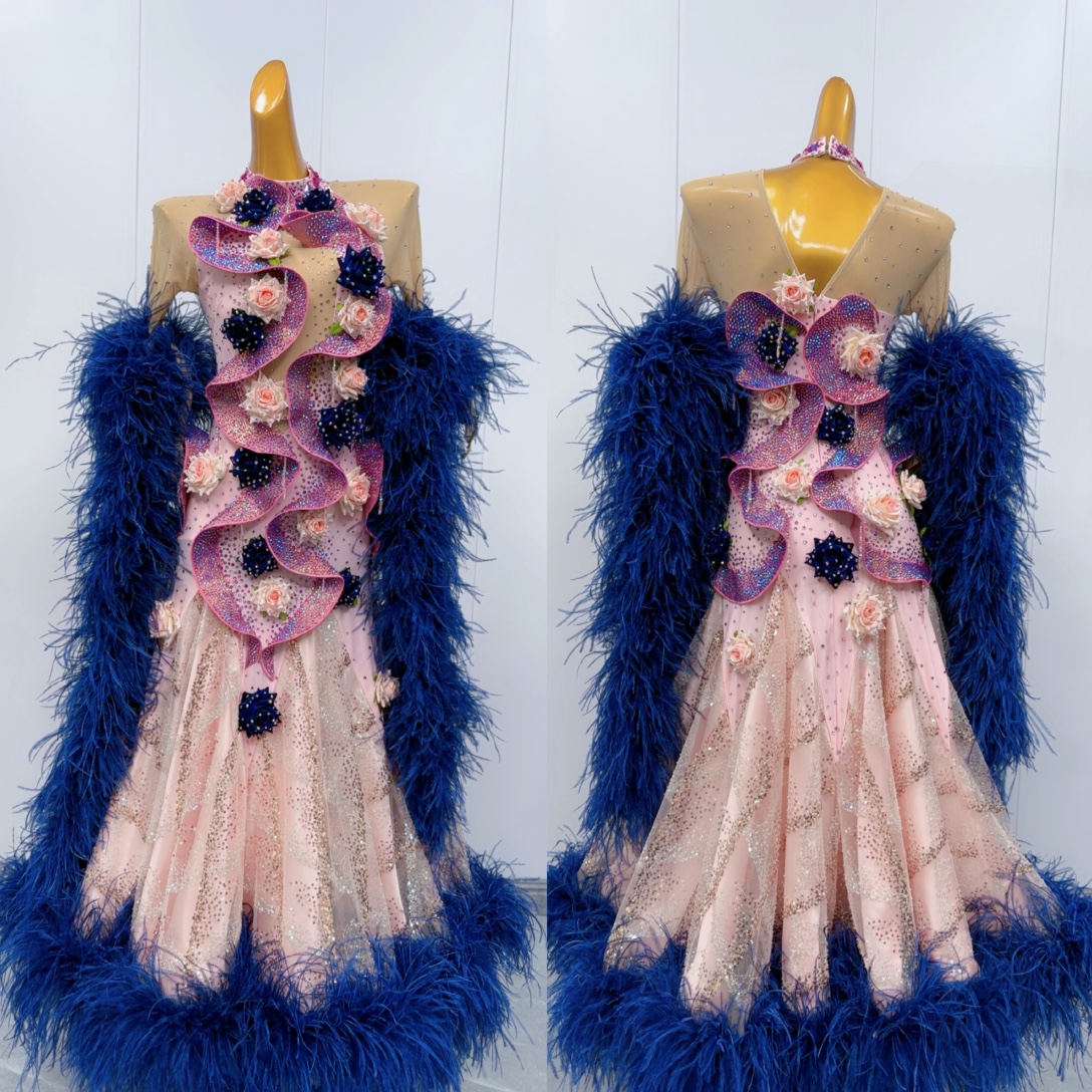 懒猫onue高端定制摩登舞服贴钻贴花毛毛连衣裙高贵大气国标舞赛服