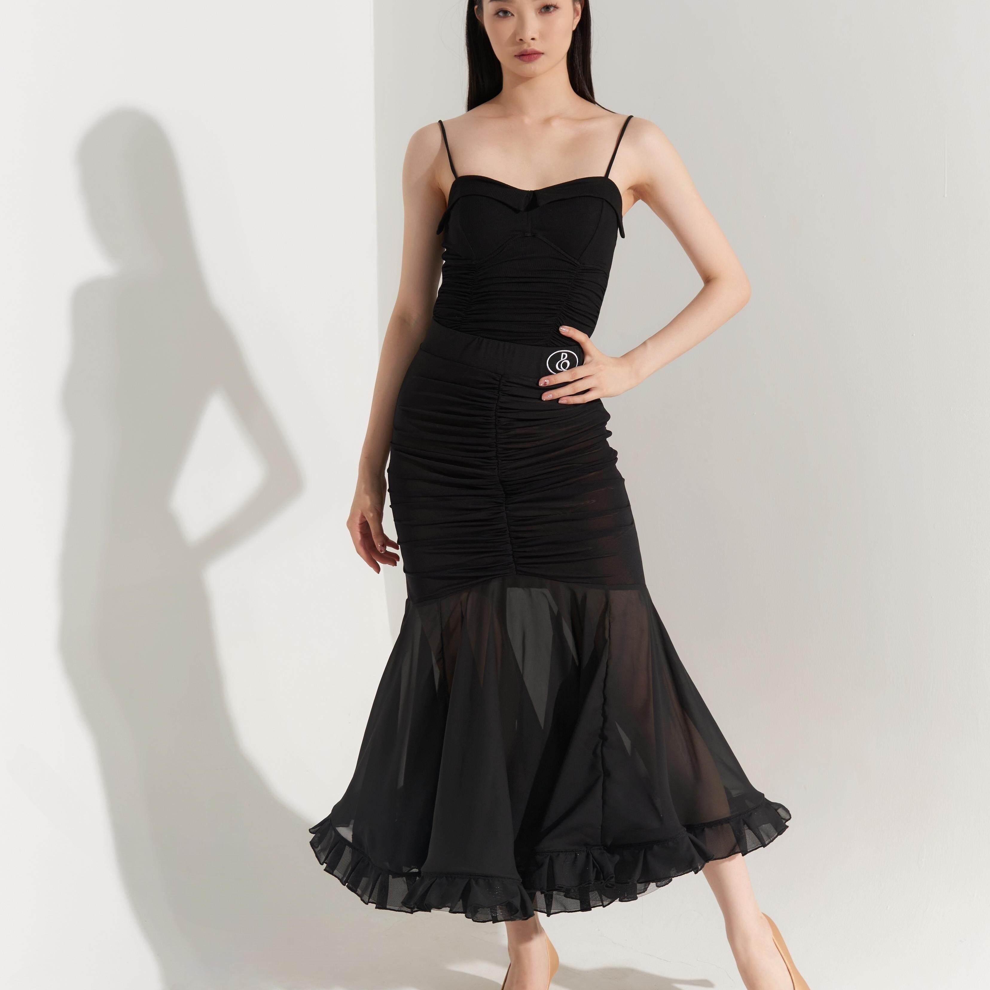 懒猫【dq-442】经典黑褶皱系列摩登半身裙国标舞摩登舞裙艺考舞服