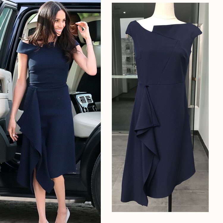 2023欧洲站哈里王子准王妃梅格汉·马克尔同款chic露肩修身连衣裙