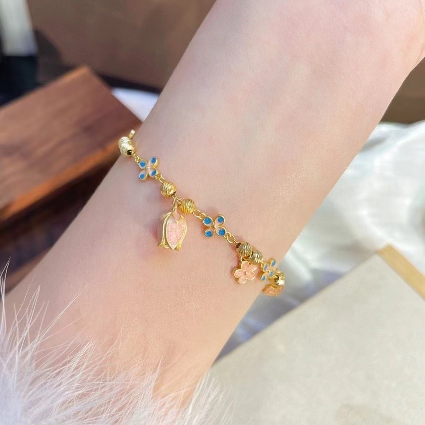 s925纯银黄金色烧蓝郁金香手链女