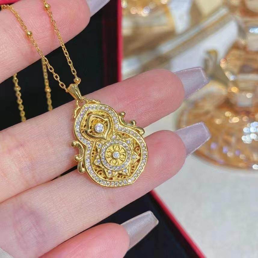 s925纯银黄金色古法点钻福禄葫芦吊坠项链女士轻奢重工新中式国潮