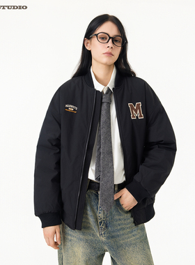 ASOT 美式复古棒球服棉服 男女刺绣字母cozyfit夹棉宽松保暖外套