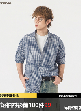 ASOT 复古蓝色格子衬衫男2026春季微宽松落肩纯棉长袖休闲衬衣女