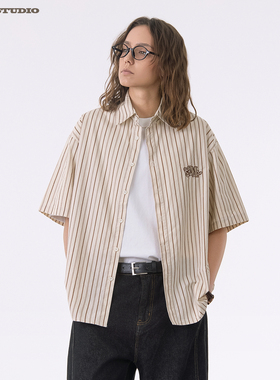 ASOT短袖条纹衬衣 夏季薄款中性风日系刺绣男女款cozyfit休闲衬衣