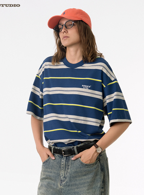 ASOT条纹短袖T恤中性风夏季cozyfit宽松休闲男女半袖美式复古拼色