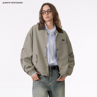 ASOT 撞色刺绣夹克春秋中性风cozyfit日系无性别宽松休闲立领外套