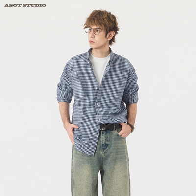 复古蓝格落肩宽松纯棉长袖衬衫