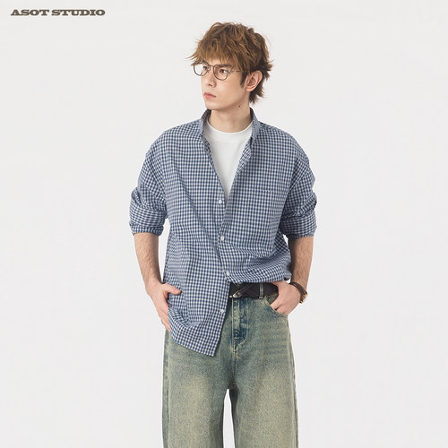 复古蓝格落肩宽松纯棉长袖衬衫