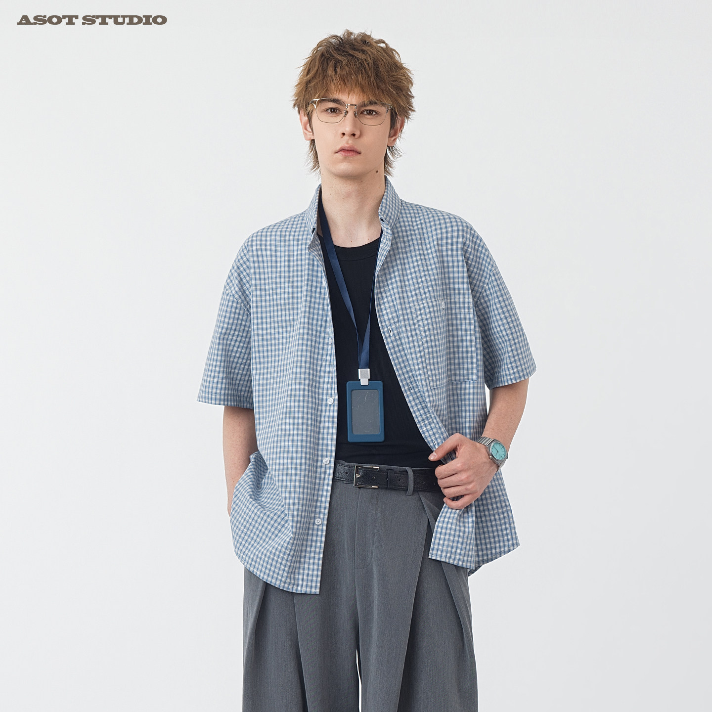 ASOT 复古蓝色格子短袖衬衫男夏季微宽松落肩穿搭通勤休闲衬衣女