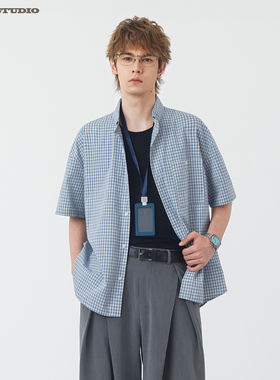 ASOT 复古蓝色格子短袖衬衫男夏季微宽松落肩穿搭通勤休闲衬衣女