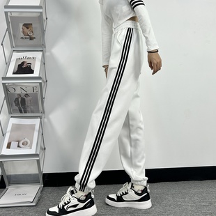 高个子175加长白色运动裤女春秋新款加绒高腰三条杠休闲束脚卫裤