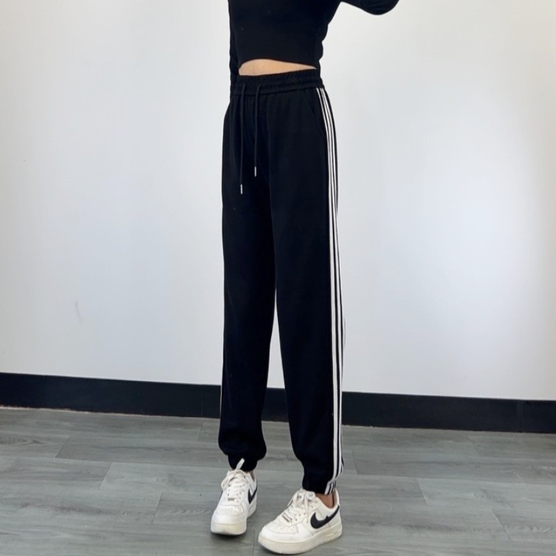 黑色春秋加长运动裤女高个子秋冬加绒加厚三条杠宽松休闲束脚卫裤