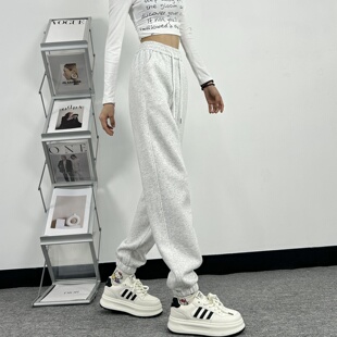 高个子175加长版白灰运动裤女春秋冬季新款加绒高腰宽松束脚卫裤