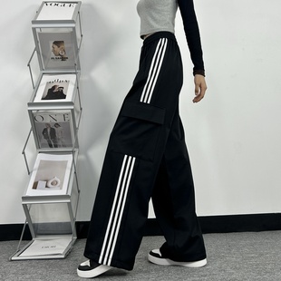 黑色工装裤女三条杠运动休闲裤2025春秋冬季加绒高个子加长阔腿裤