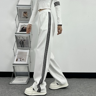 超长高个子白色三条杠运动裤女春秋新款高腰宽松加长休闲阔腿裤