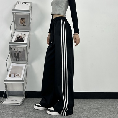 加长版运动裤女春秋冬2025新款宽直筒垂感休闲阔腿加绒三条杠卫裤