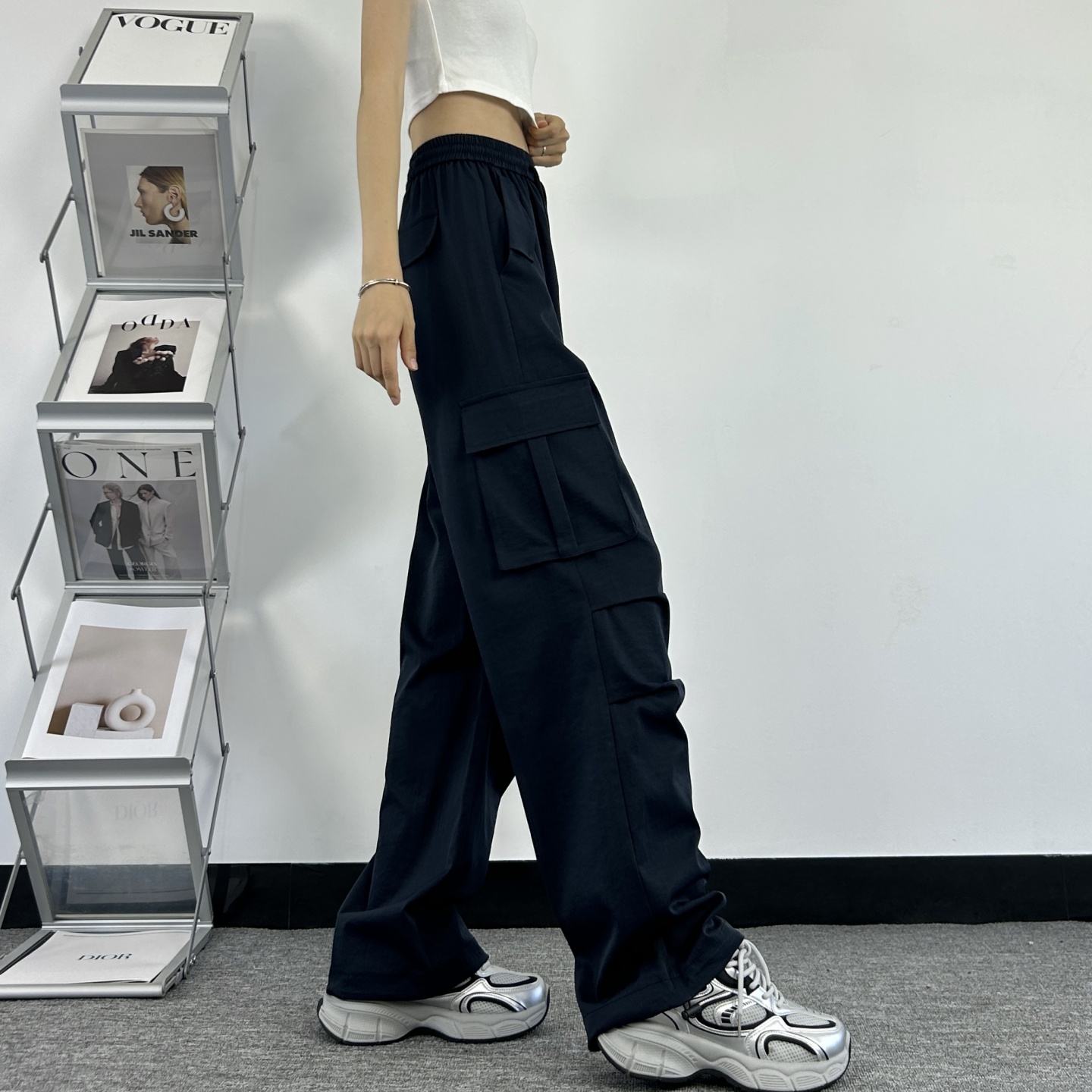 高个子175加长版藏青色工装裤女夏季薄款高腰宽松直筒阔腿休闲裤