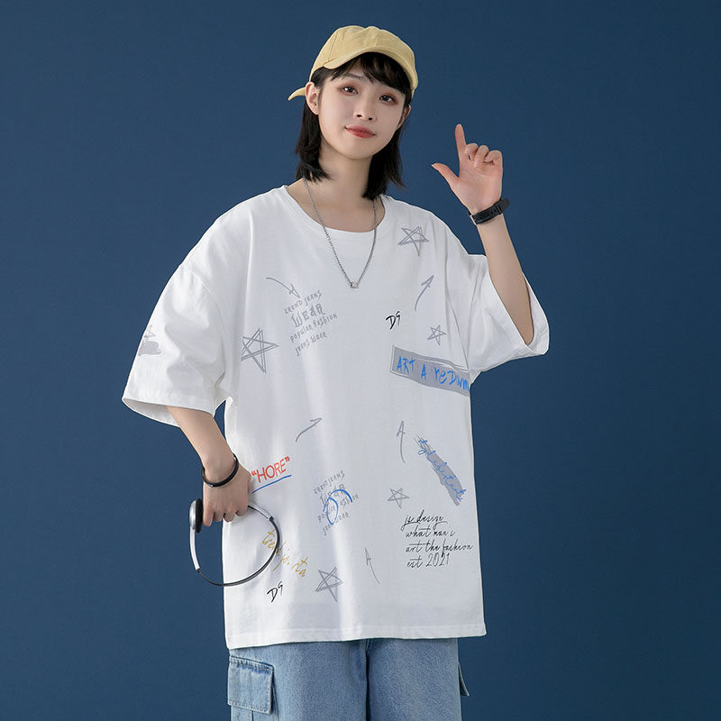 夏裝純棉短袖恤休閒寬鬆印花嘻哈學院男女上衣