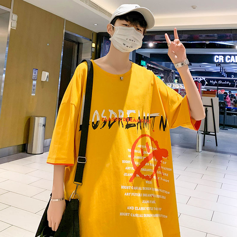港風棉圓領圖案字母印花恤短袖五分半袖夏季打底衫