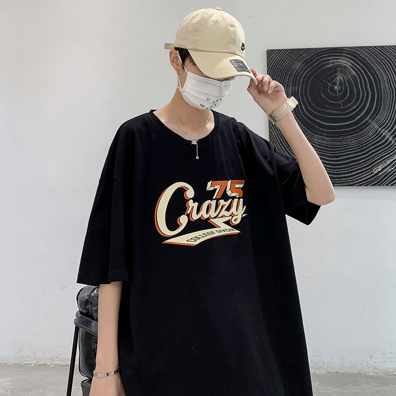 港風棉圓領大字母印花恤短袖五分半袖夏季打底衫