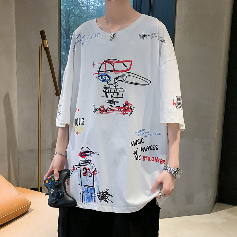 Hong Kong style cotton round neck letter cartoon printed T-shirt short sleeve 5 / 5 sleeve summer base coat