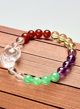 天然五行补缺多宝狐狸手串 紫白黄水晶红玛瑙手链