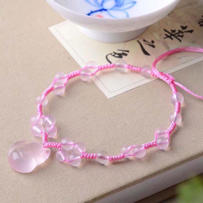 天然粉水晶狐狸脚链 冰粉狐狸脚链 冰种粉晶灵狐脚链 女款
