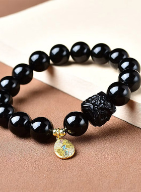 天然黑曜石醒狮手链 黑曜石黑色礼物饰品简约手串马年千里马手串