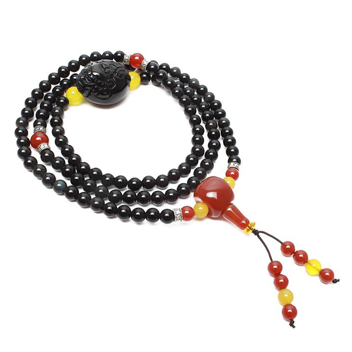 天然黑曜石有求必应貔貅手链 黑曜石108粒手链 108颗黑曜石手链