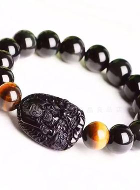 天然黑曜石文殊菩萨生肖兔手串