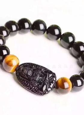 天然黑曜石不动明王生肖鸡手串