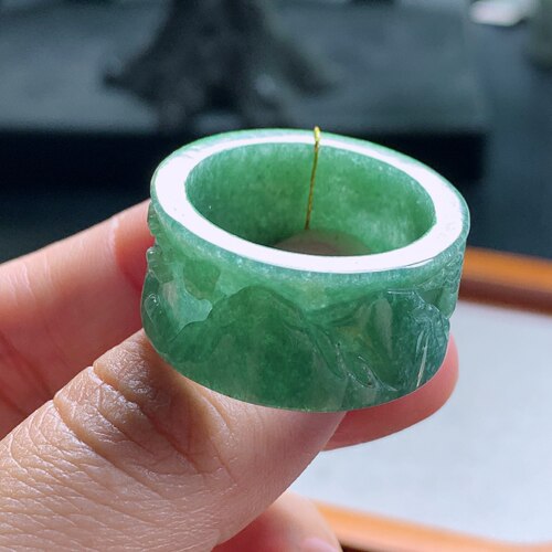 25号缅甸天然A货翡翠 T1306 内径21.2-13-3.2mm 满色山水戒指扳指
